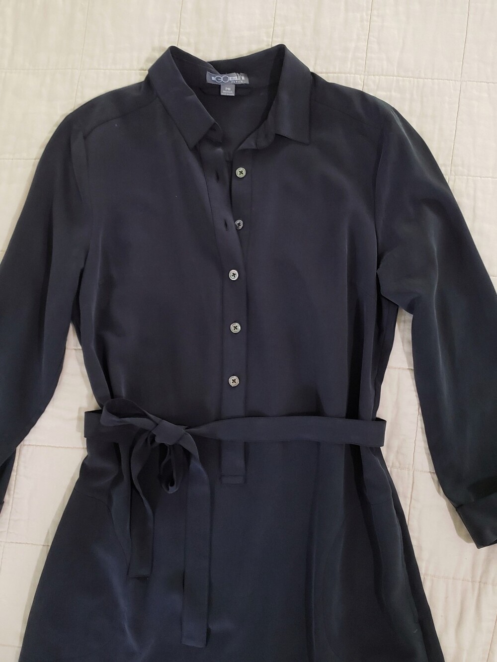GoSilk Silk Dress Shift Dress With Waist Tie Dark Matte Navy Petite Medium - Picture 2 of 13